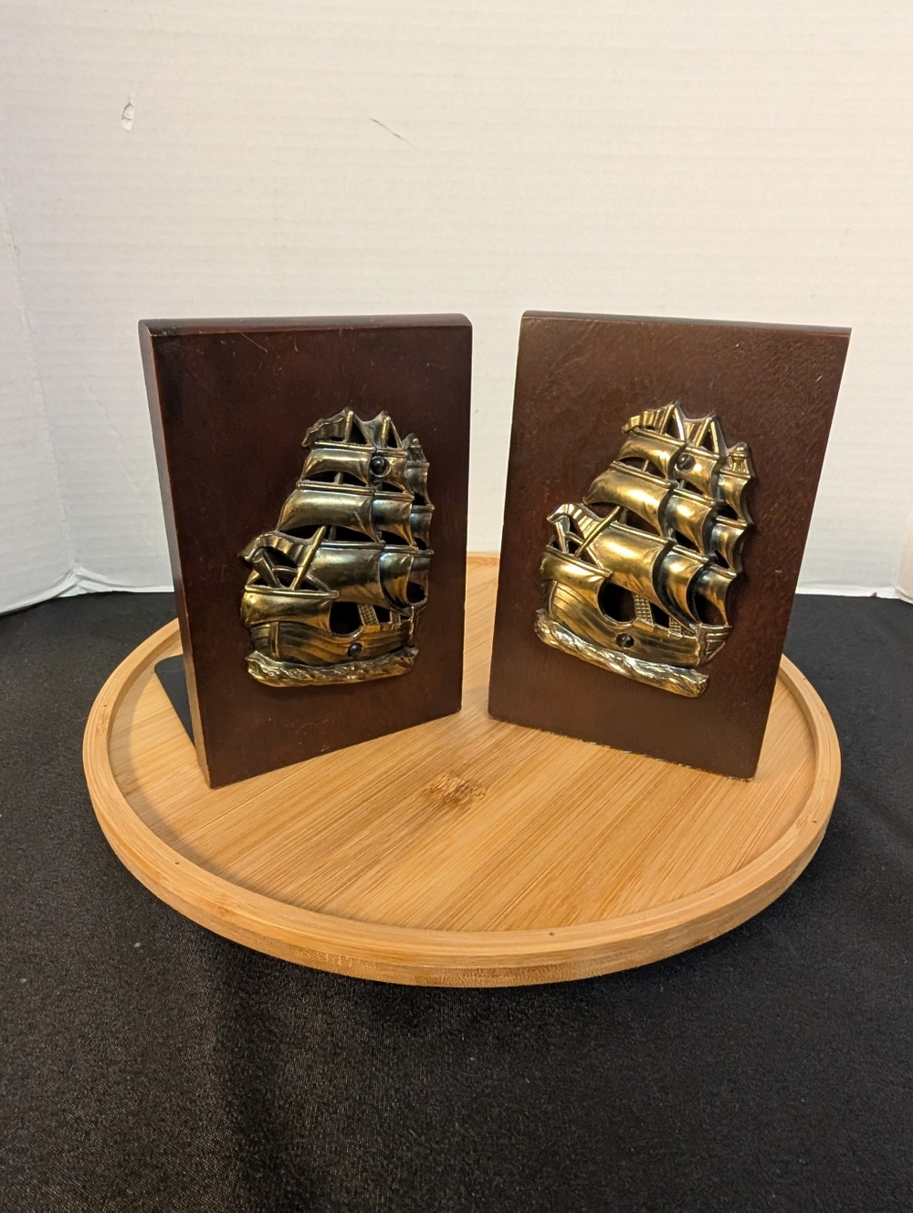 Pair of Old Wooden & Brass Ship Book Ends Sailing Boat  Vintage Nautical Decor